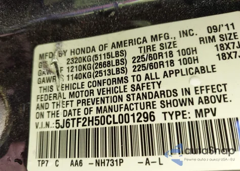 2012 Honda Crosstour Ex-L from USA, damaged, VIN 5J6TF2H50CL001296
